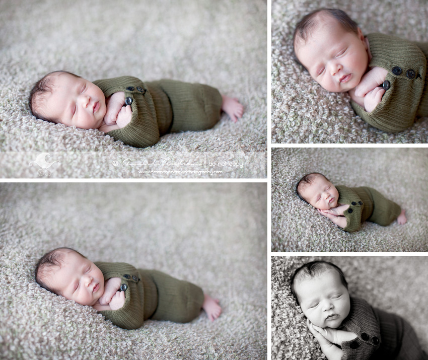 baby wrapped in green on blanket