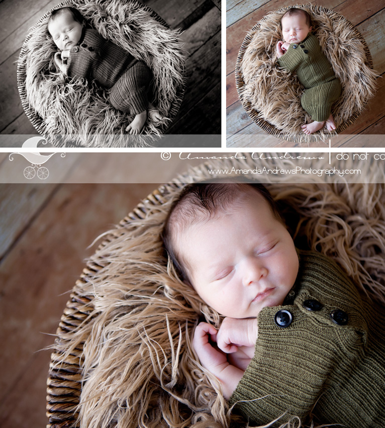 baby in green wrap on fur bowl