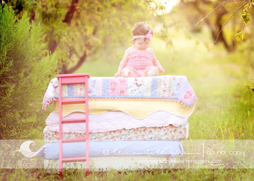 baby photo on mattresses in orchard 