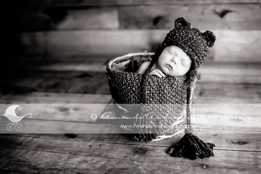 baby in basket with bear hat