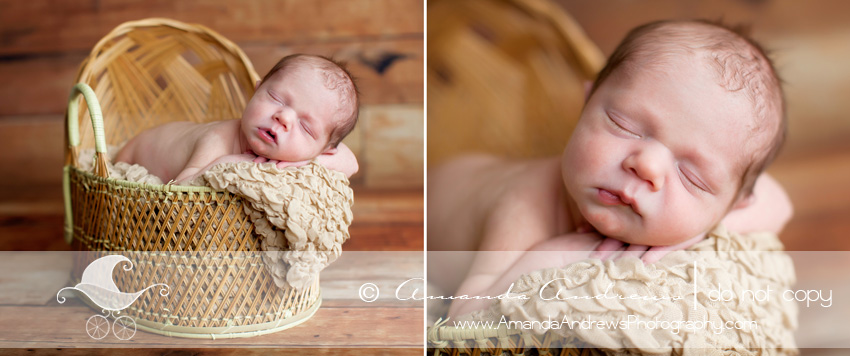 two pictures of baby sleeping in wicker bassinet