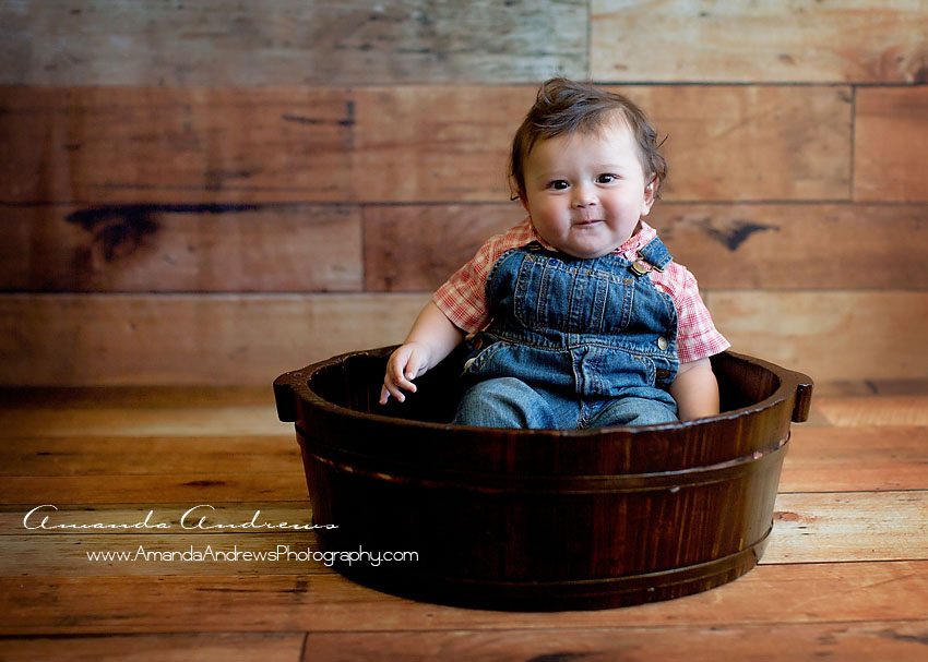 boise baby  photography baby boy in bowl wearing overalls