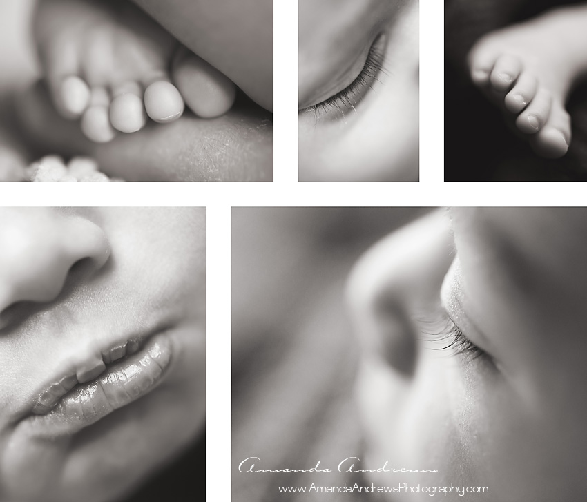 close up shots of newborn eyelashes toes and lips