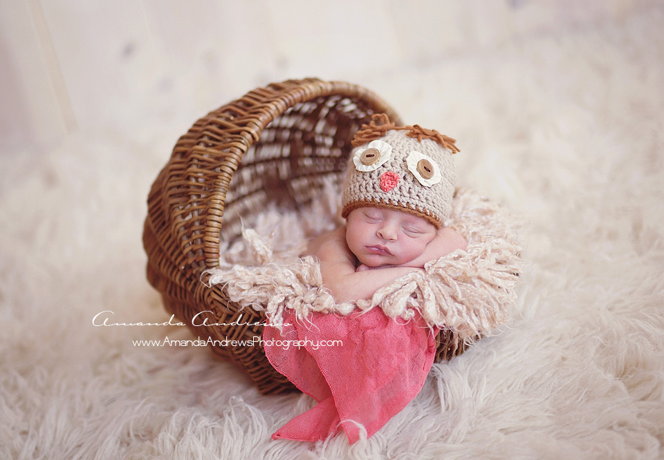 newborn girl in basket with owl hat